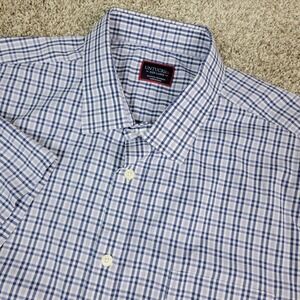 Untuckit Mens 3XL White Blue Plaid Performance Stretch Button Up Short Sleeve